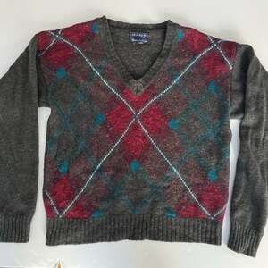 Vintage Fuzzy Gray Wool V-Neck Oversized Sweater Colorful Plaid Argyle Mens XL